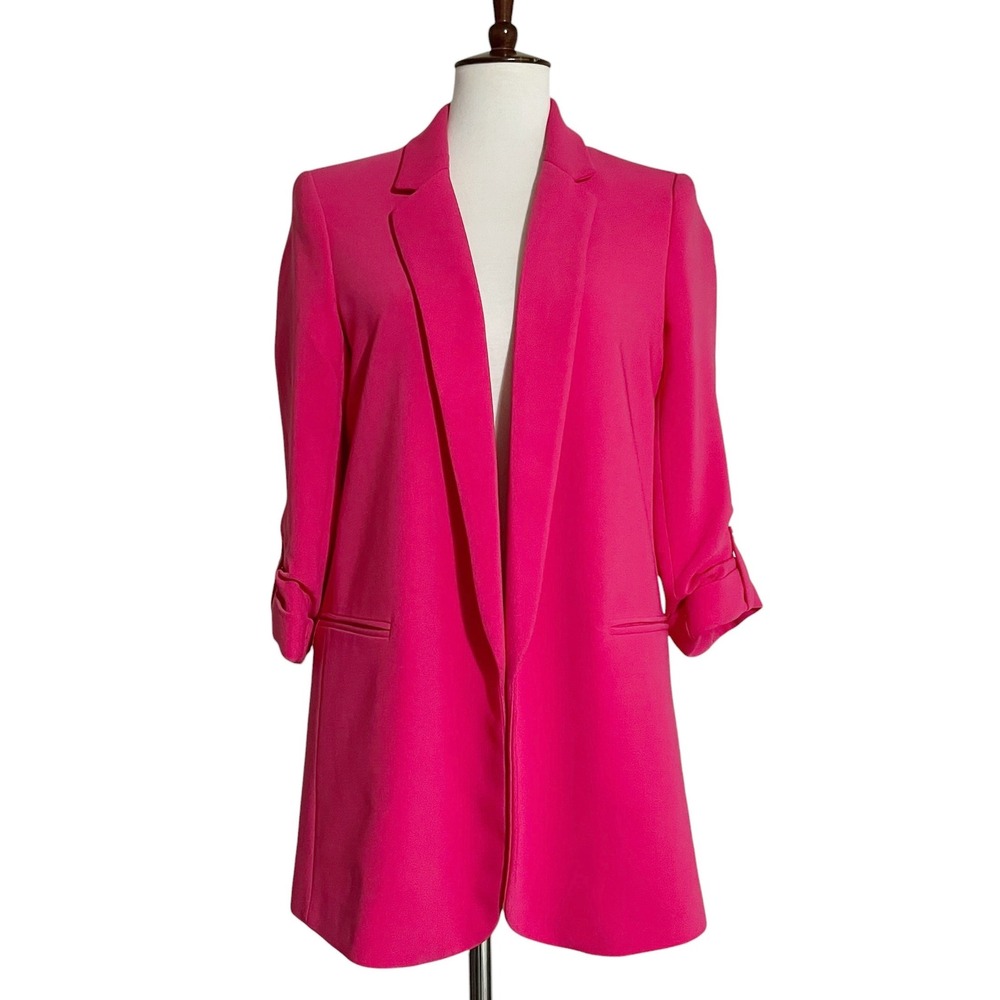 Zara Basic Womens Hot Pink Open Front 3/4 Ruched Sleeve Longline Blazer Size M